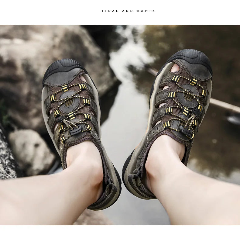 Summer Pu Leather Sandals For Men Rubber Outdoor Men Beach Shoes Anti-Slip Trekking Sandals Weight Light Male Hiking Sandals