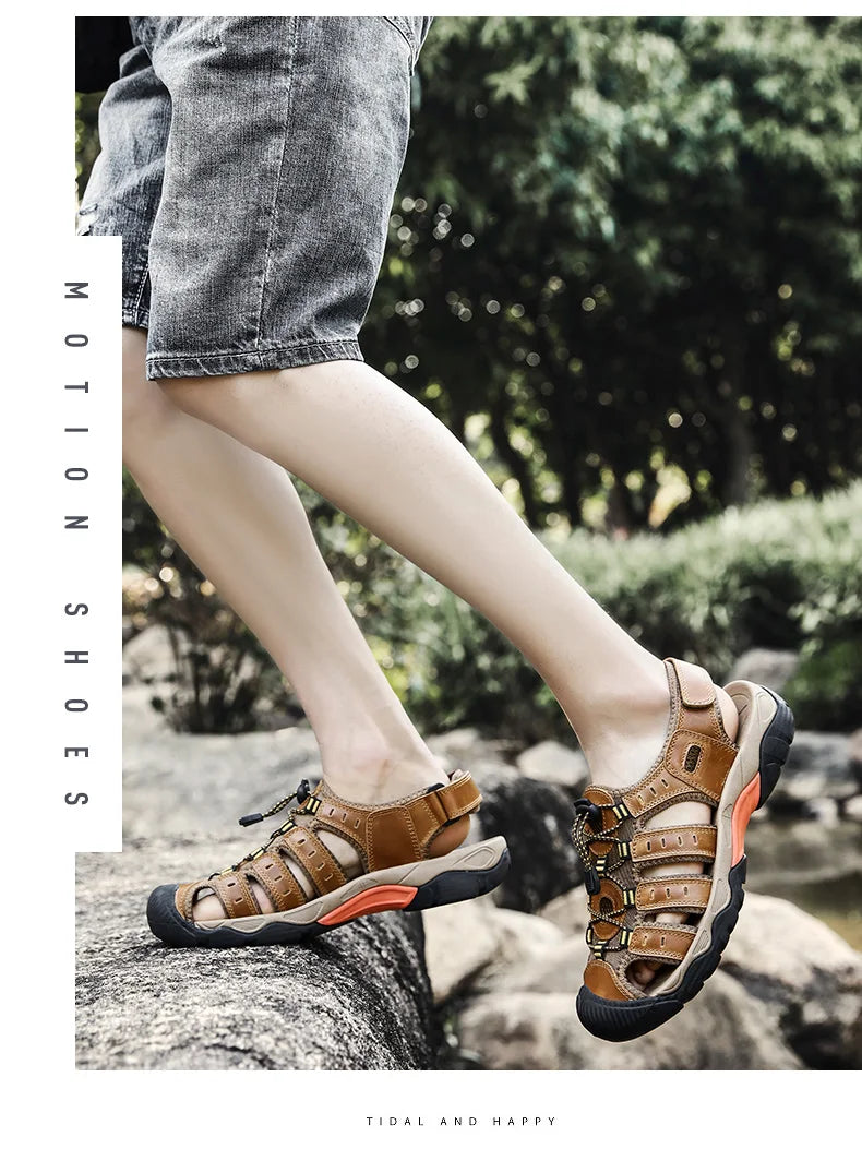 Summer Pu Leather Sandals For Men Rubber Outdoor Men Beach Shoes Anti-Slip Trekking Sandals Weight Light Male Hiking Sandals