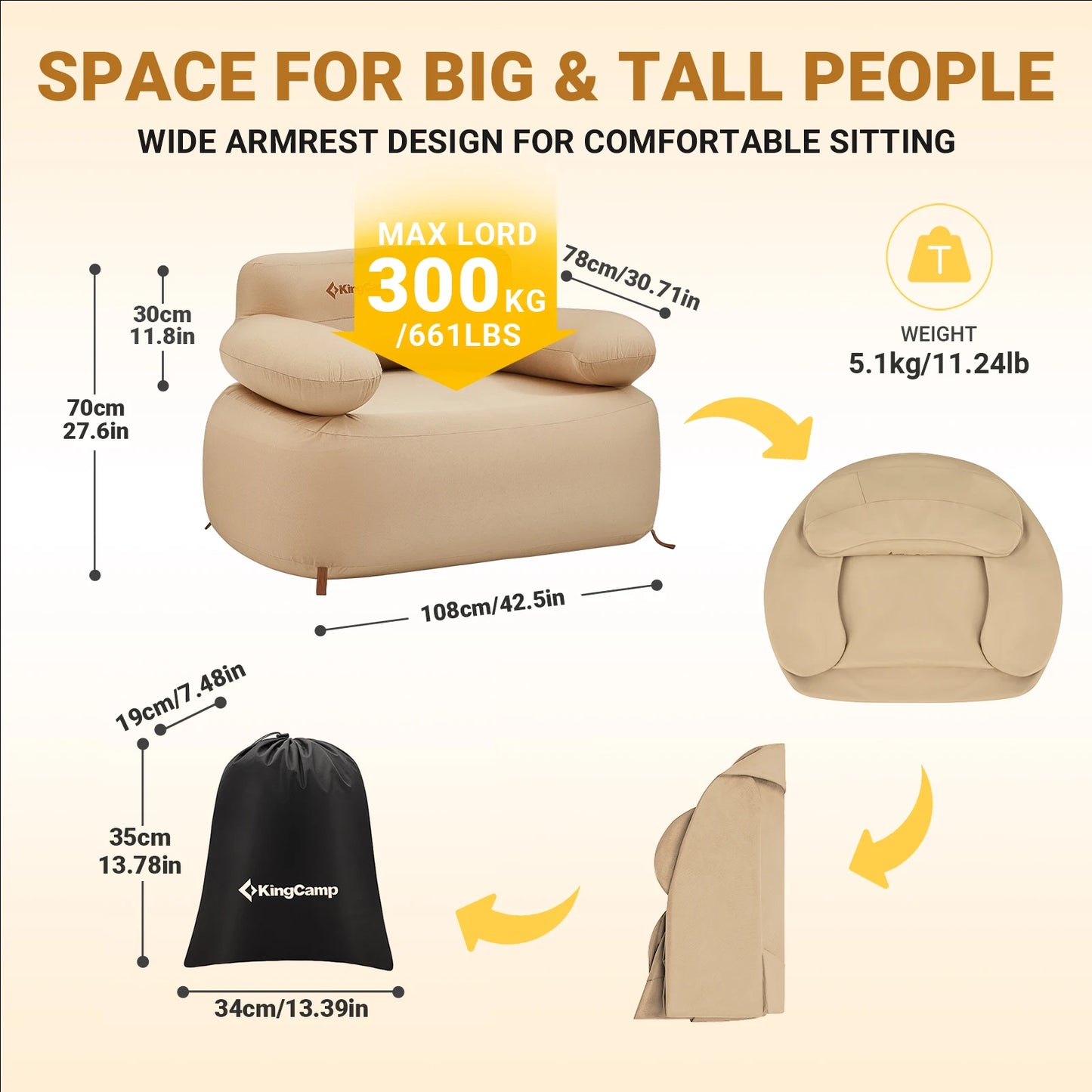 KingCamp Single Inflatable Chair Sofa, Camping Lounger for Rest, Camping Picnic, Beach, Travel