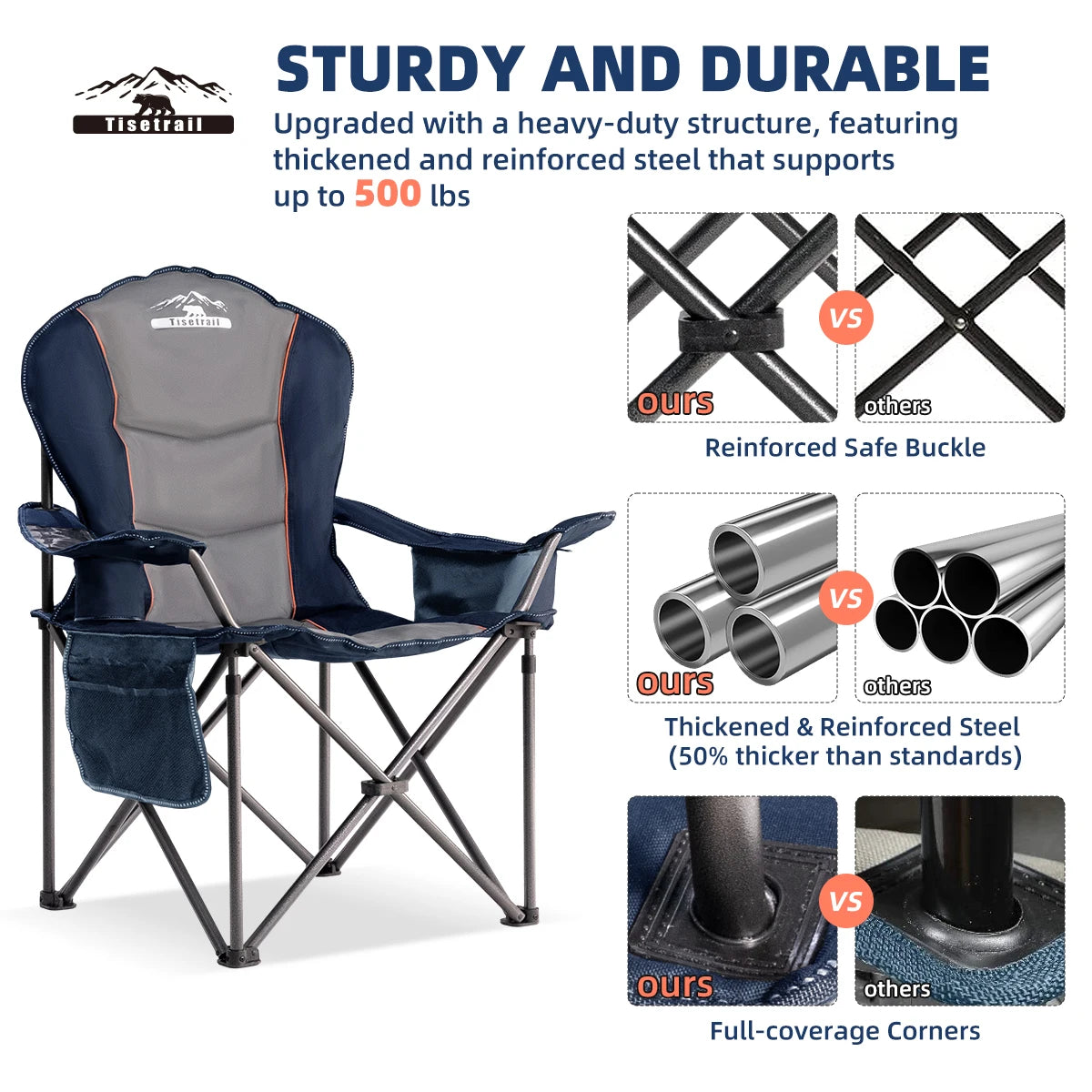 Tisetrail Oversized Camping Chair Folding Chair with Cooler Padded Outdoor Chairs Heavy Duty Support 500 LBS Black&Blue