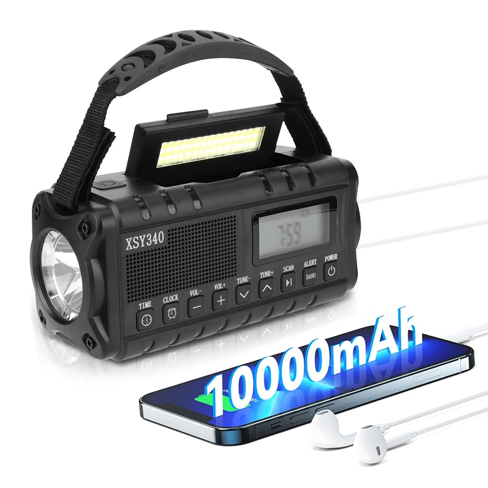 10000mAh Emergency Hand Crank Radio Digital Display Portable Emergency Radio Reading Lamp Headphone Jack SOS for Outdoor Camping