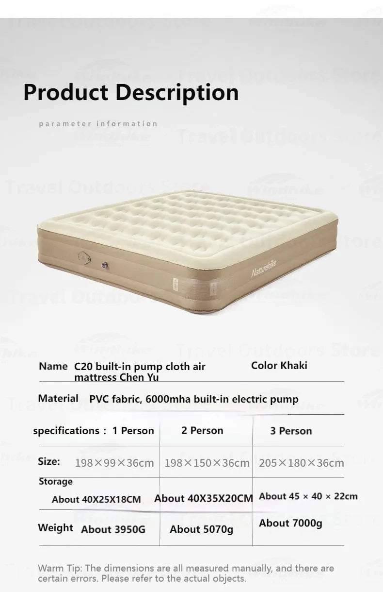 Naturehike Inflatable 36cm Sleeping Mattress Air Mat Camping 1/2/3 Person Bed With Built in Pump Folding Tourism Pad Portable