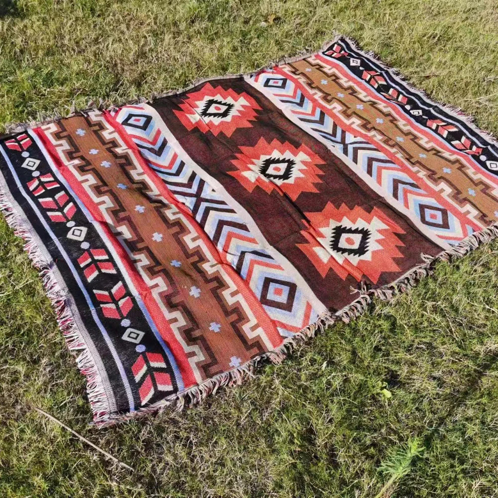 Outdoor Camping Mat with Tassel Retro Ethnic Bohemian Camping Tent Mattress Moisture-proof Polyester Cotton Travel Garden Rug