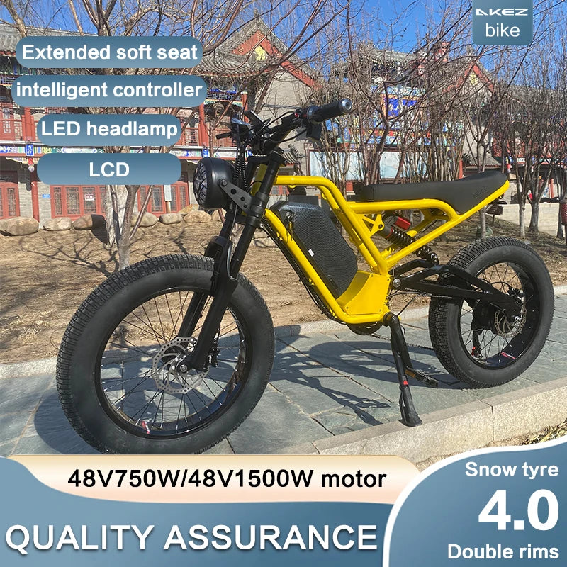 AKEZ-Electric Bike with Hydraulic Brake Ebike 20*4.0 Off-Road Fat Tire 45km h 7 Speed 1500W 48V 18Ah Removable Lithium battery