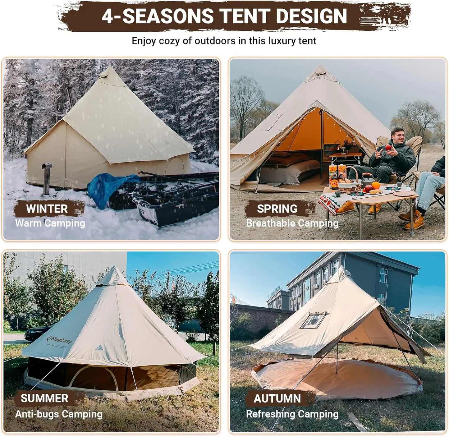 KingCamp Canvas Bell Tent for Camping, 4 Seasons 13.2ft/16.4ft Camping Yurt Tent, w/Stove Jacks, Luxury Glamping Waterproof and