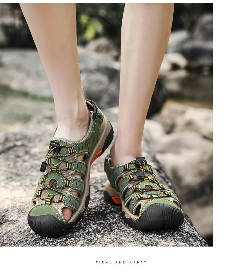 Summer Pu Leather Sandals For Men Rubber Outdoor Men Beach Shoes Anti-Slip Trekking Sandals Weight Light Male Hiking Sandals