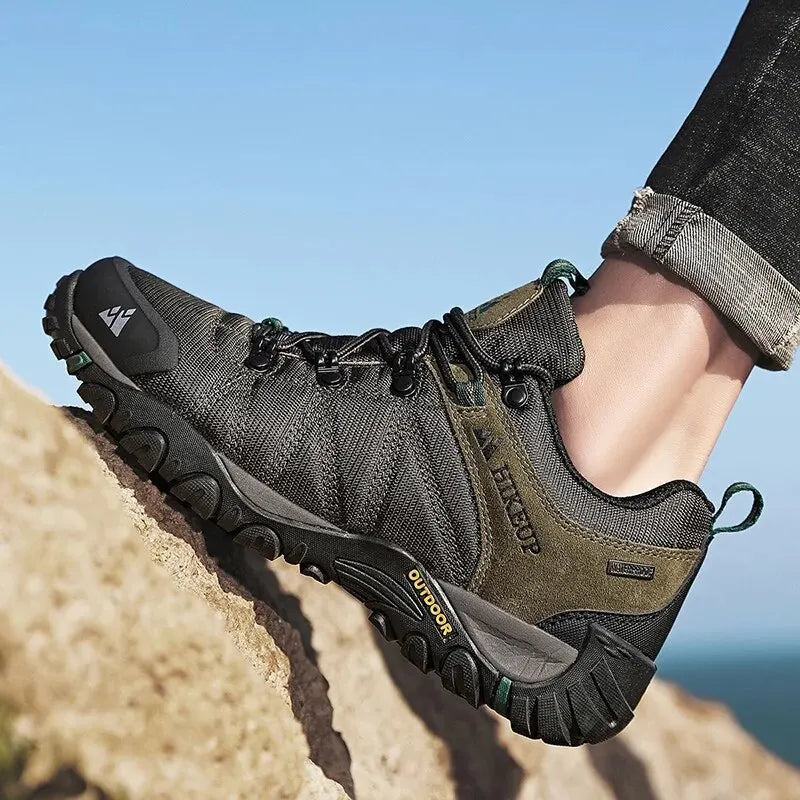 HIKEUP Four-Season Men's Hiking Shoes Outdoor Sports Genuine Leather Wear-Resistant Climbing Shoes Rubber Sole Trekking Sneaker