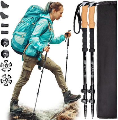 Carbon Fiber Trekking Poles Lightweight Collapsible Hiking, Shock-Absorbent Walking Sticks with Natural Cork Grips, Flip Locks