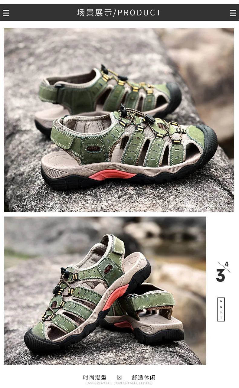 Summer Pu Leather Sandals For Men Rubber Outdoor Men Beach Shoes Anti-Slip Trekking Sandals Weight Light Male Hiking Sandals