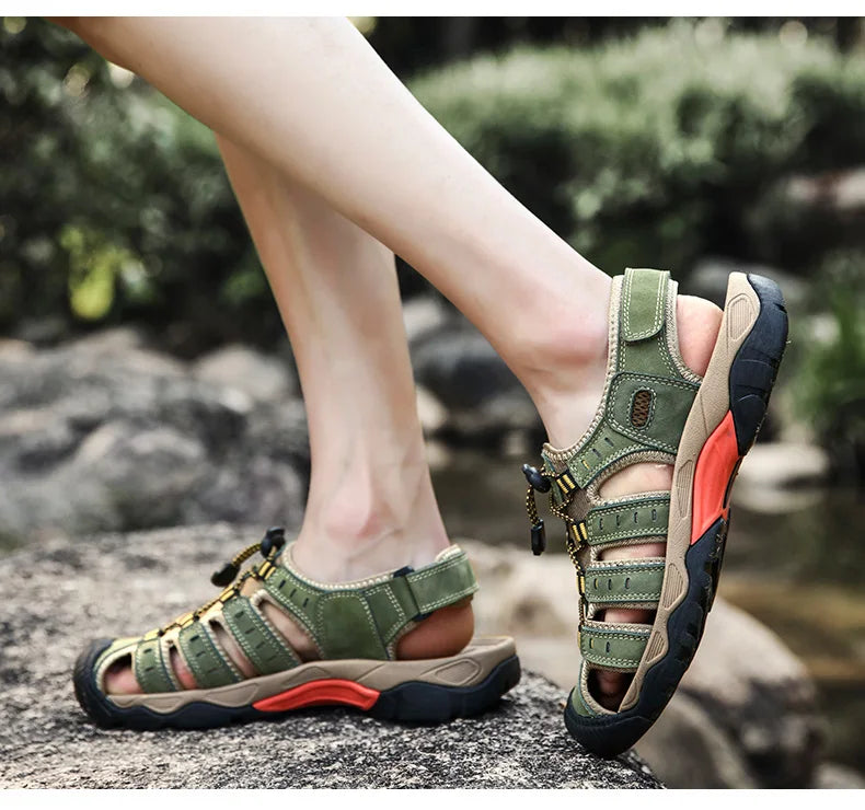 Summer Pu Leather Sandals For Men Rubber Outdoor Men Beach Shoes Anti-Slip Trekking Sandals Weight Light Male Hiking Sandals