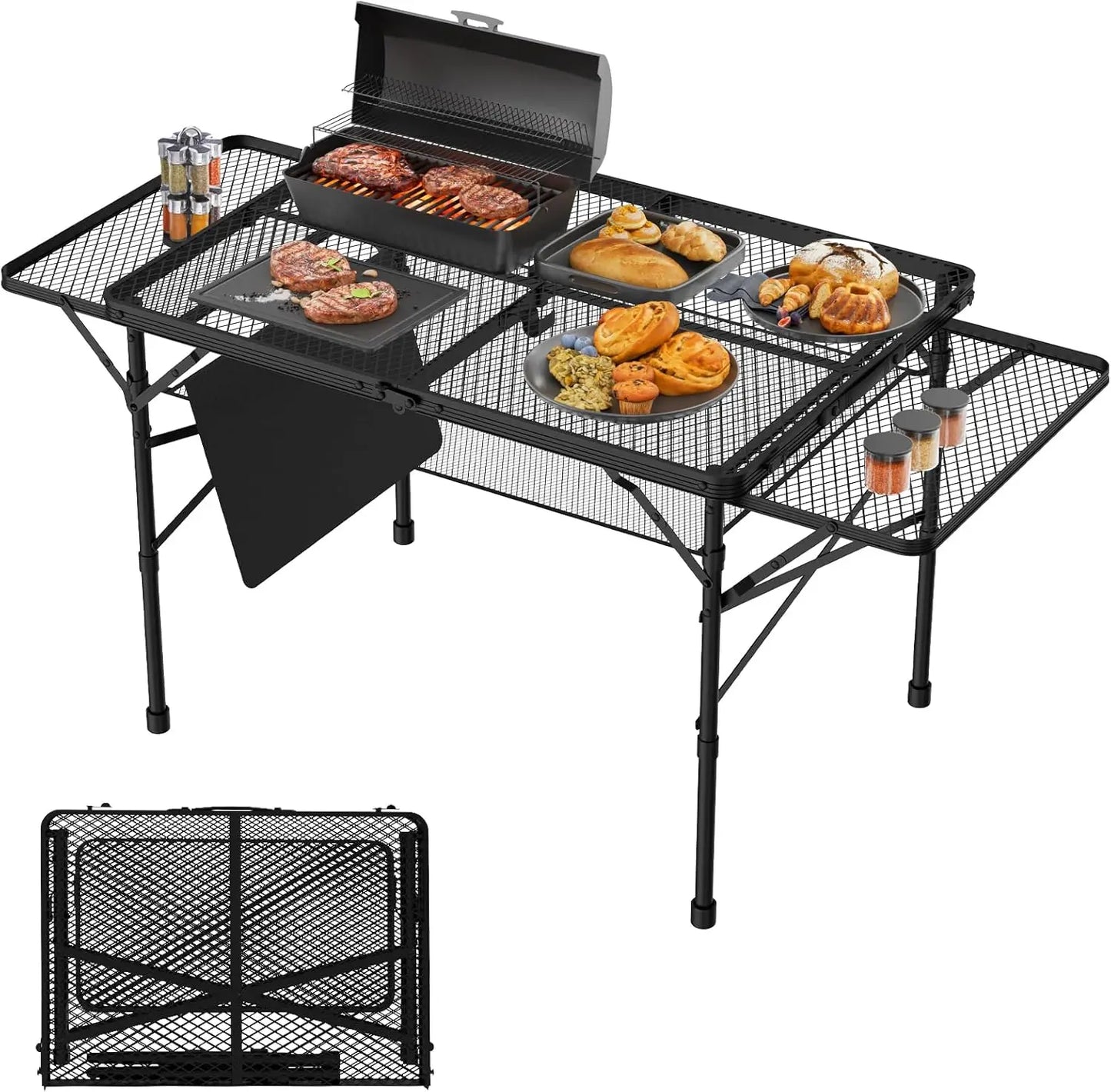 Folding Table With 2 Wing Panels, 3X2 Ft Camping Table With Mesh Desktop,Height Adjustable Folding Grill Table With Mesh