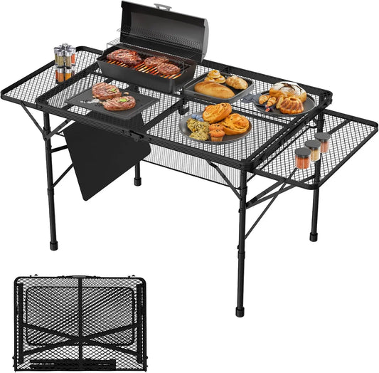 Folding Table With 2 Wing Panels, 3X2 Ft Camping Table With Mesh Desktop,Height Adjustable Folding Grill Table With Mesh