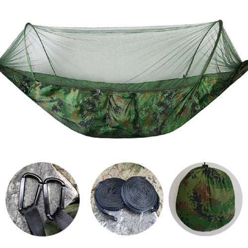 260x140cm Outdoor Double Camping Hammock with Mosquito Net and Rain Fly Tarp Lightweight Parachute Hammocks for Travel Hiking