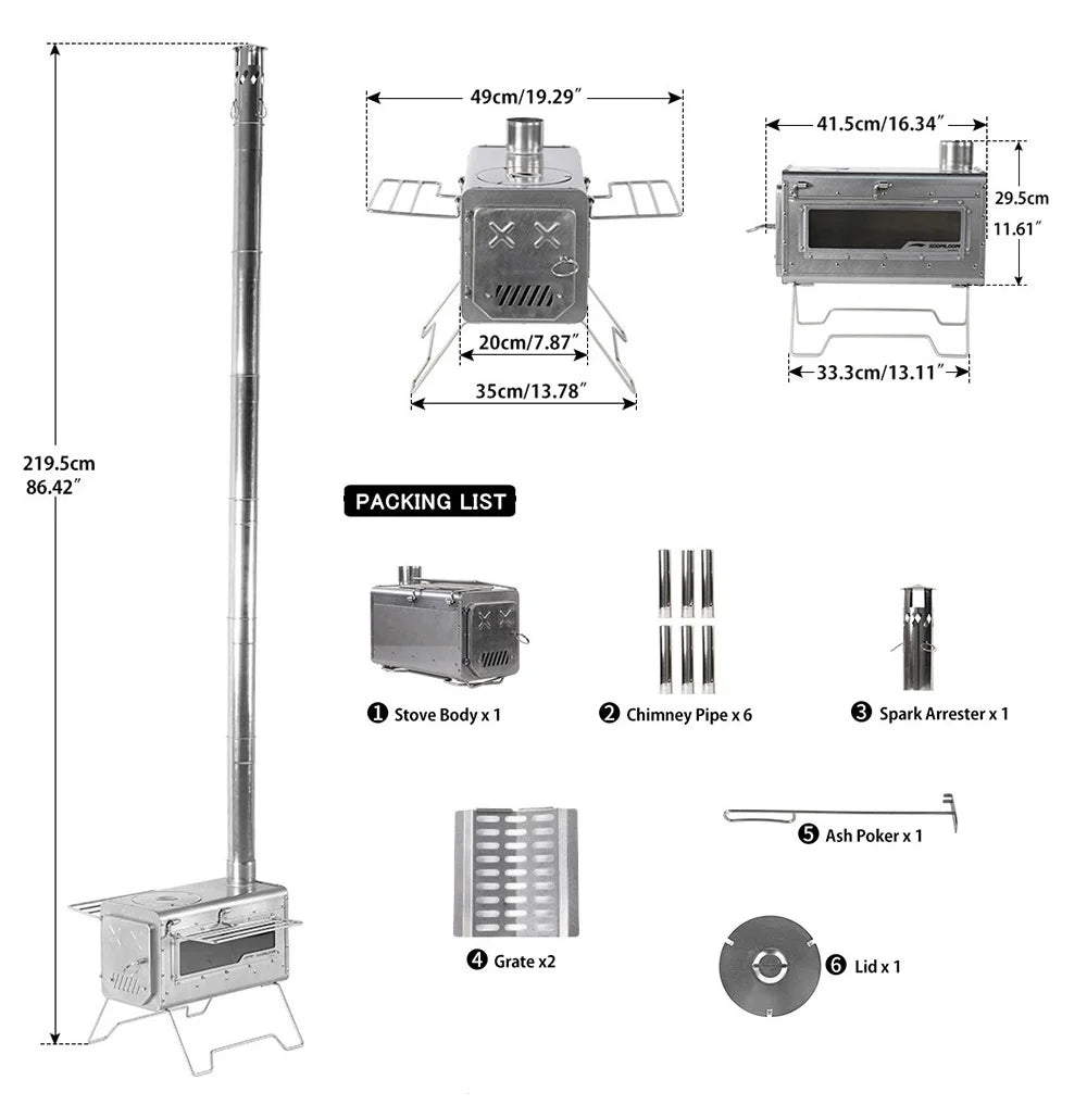 Soomloom Stainless Steel Firewood Stove with Side Shelf Firewood Pellets Dual-purpose Stove for Outdoor Camping Hiking Bushcraft