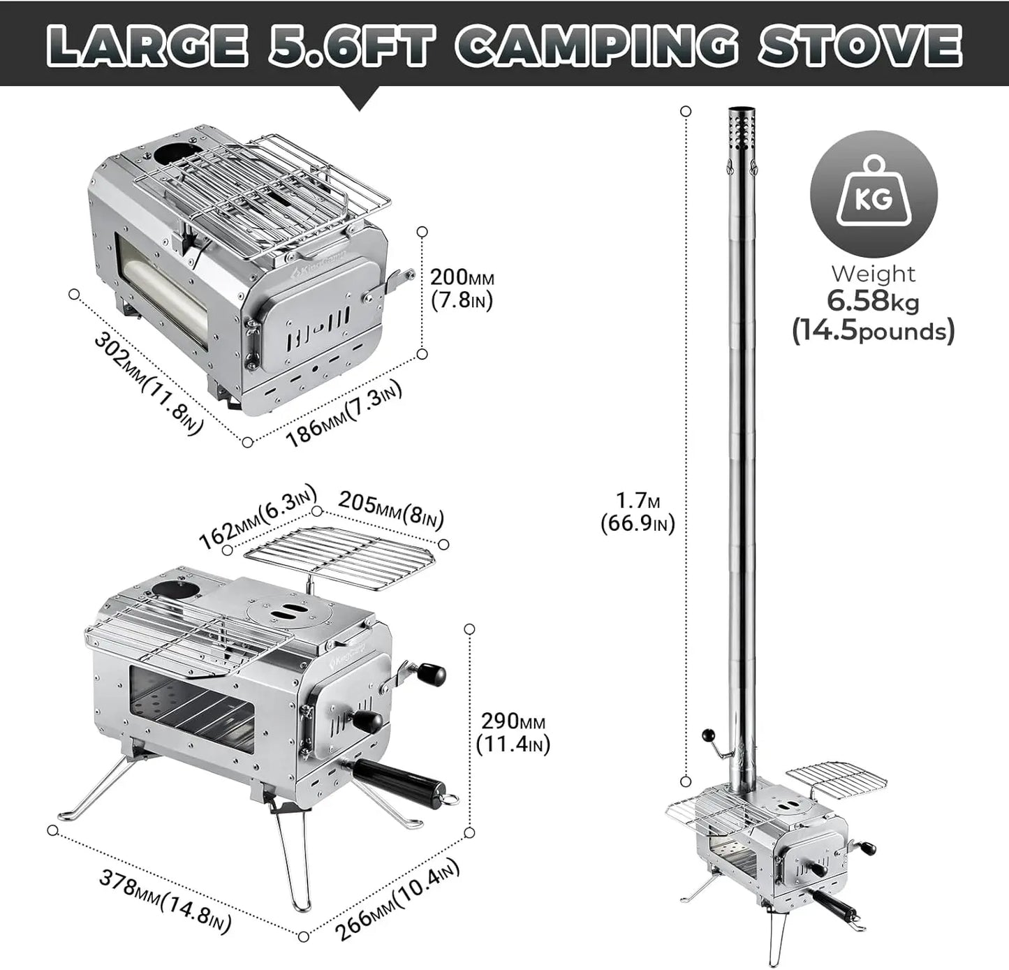 KingCamp Hot Tent Stove, Foldable Camping Stove with Large Firebox,5.6/6.6/7.5ft Winter Camping Stove for Chimney Pipes