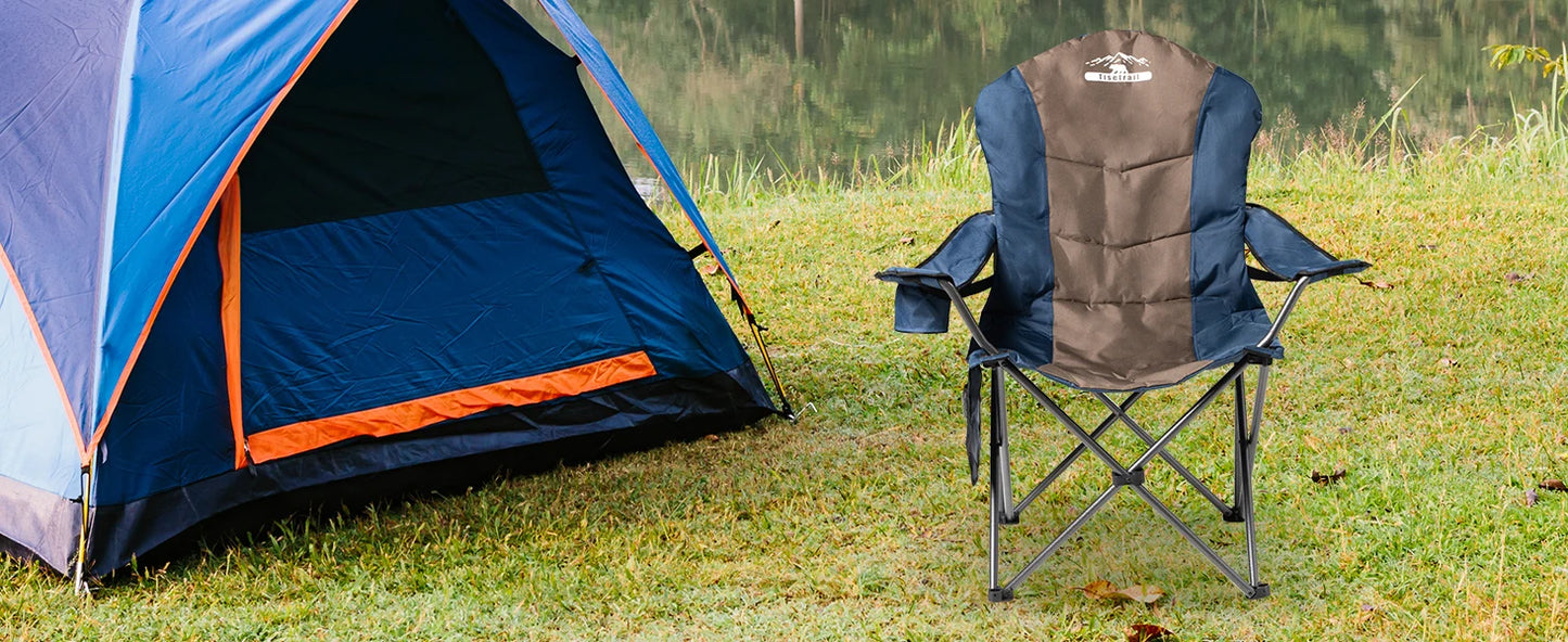Tisetrail 2 Pack Folding Camping Chairs for Adults High Back Padded Lawn Chairs Portable Outdoor Camp Chair, Blue & Brown