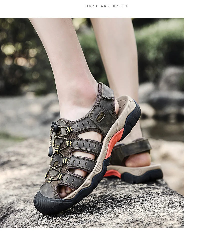 Summer Pu Leather Sandals For Men Rubber Outdoor Men Beach Shoes Anti-Slip Trekking Sandals Weight Light Male Hiking Sandals