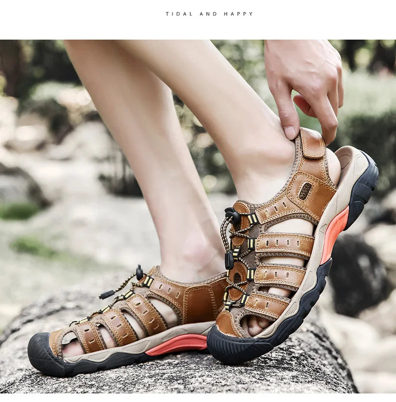 Summer Pu Leather Sandals For Men Rubber Outdoor Men Beach Shoes Anti-Slip Trekking Sandals Weight Light Male Hiking Sandals