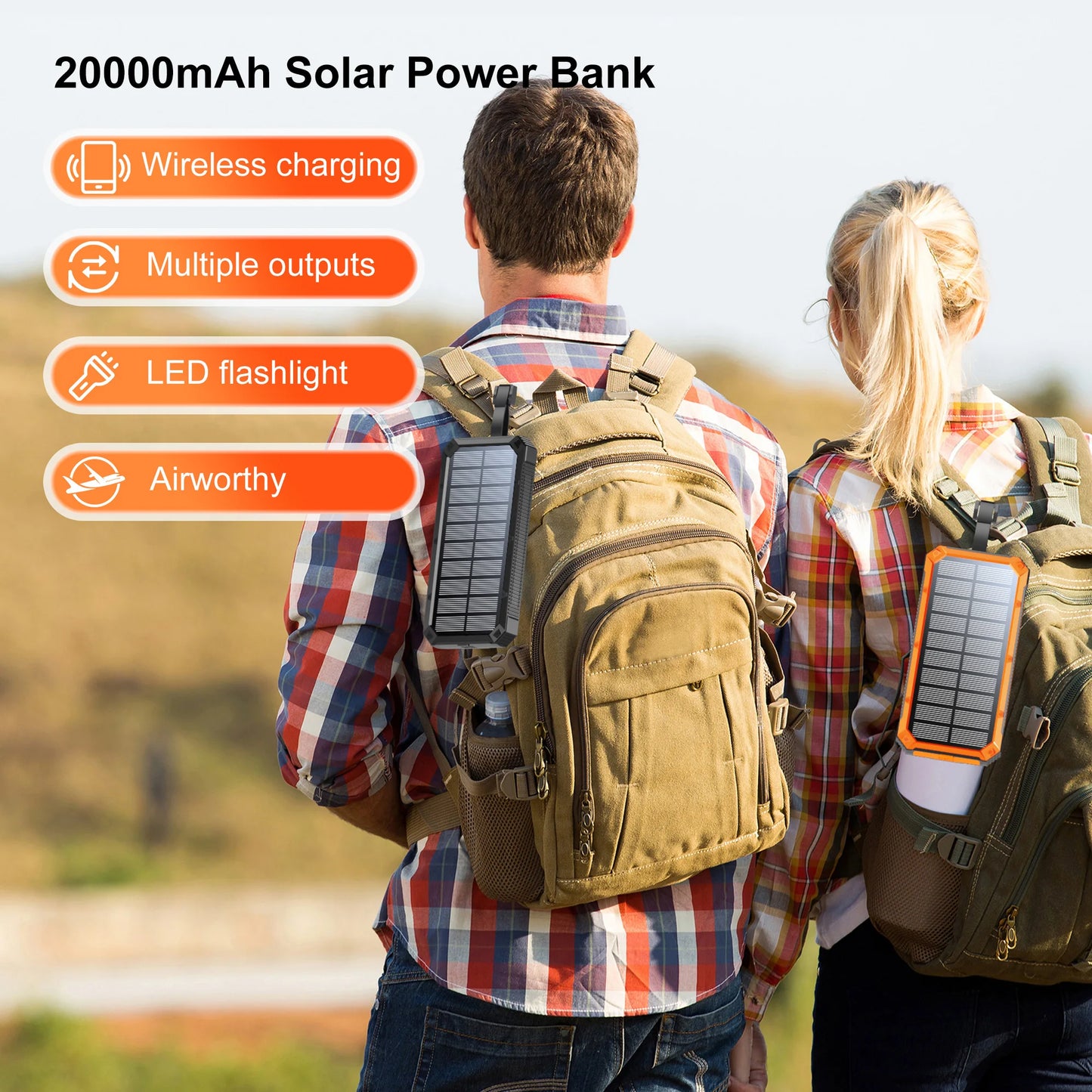 20000mAh wireless charging solar power bank with 4 outputs and built-in flashlight, suitable for outdoor emergency