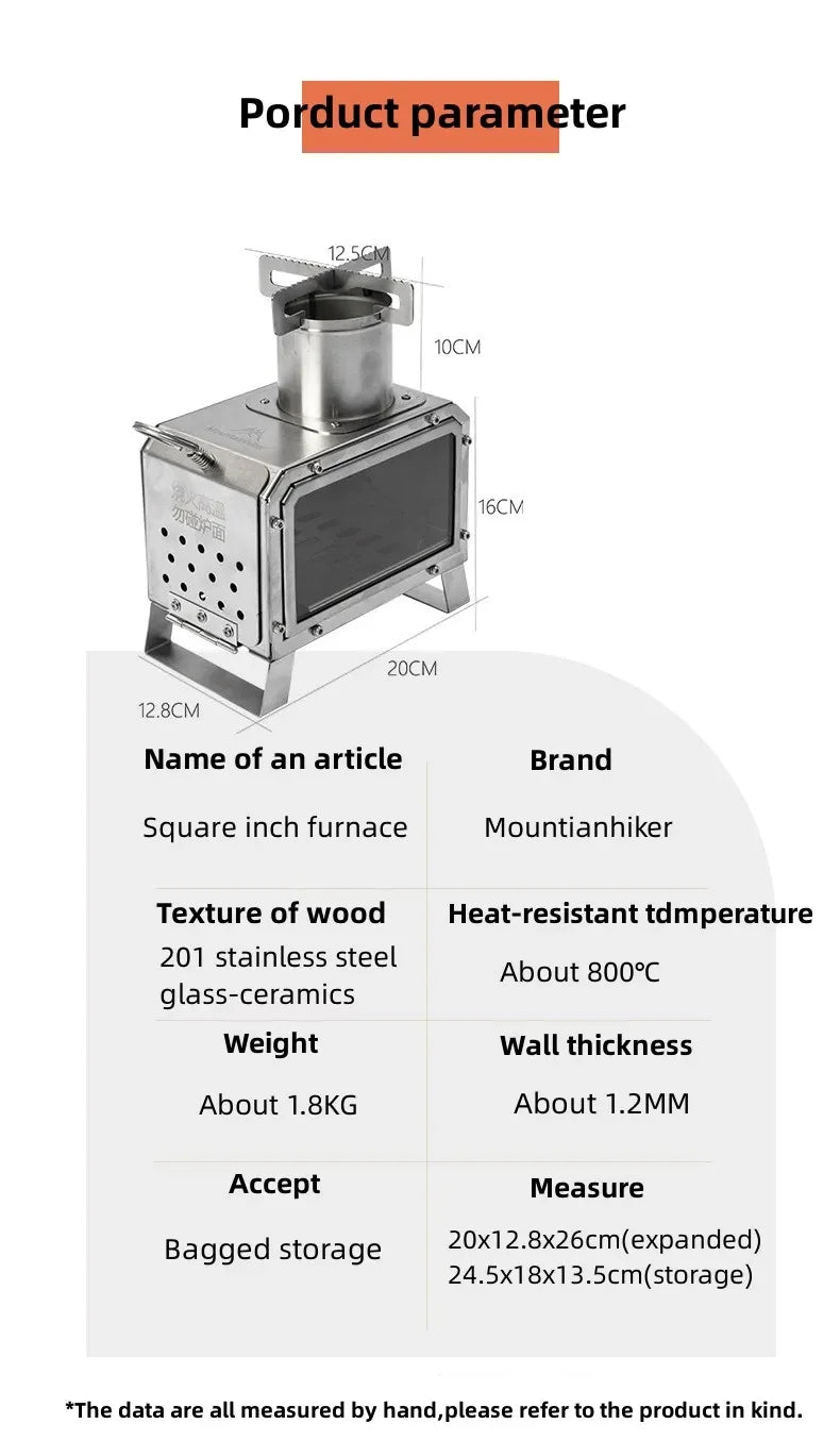 MOUNTAINHIKER Portable Firewood Square Stove Stainless Steel Outdoor Fire Heater Stove Picnic Hiking Camping Wood Burner Stove