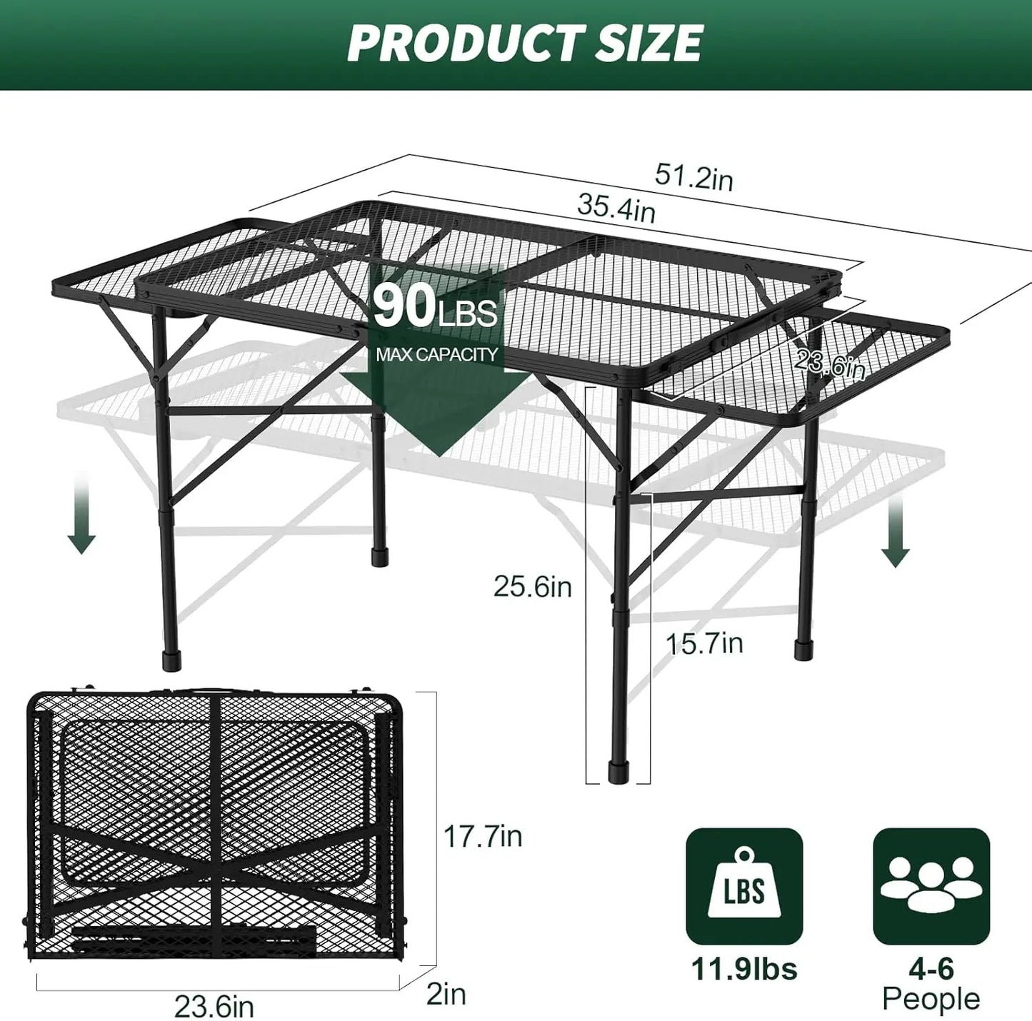 Folding Table With 2 Wing Panels, 3X2 Ft Camping Table With Mesh Desktop,Height Adjustable Folding Grill Table With Mesh