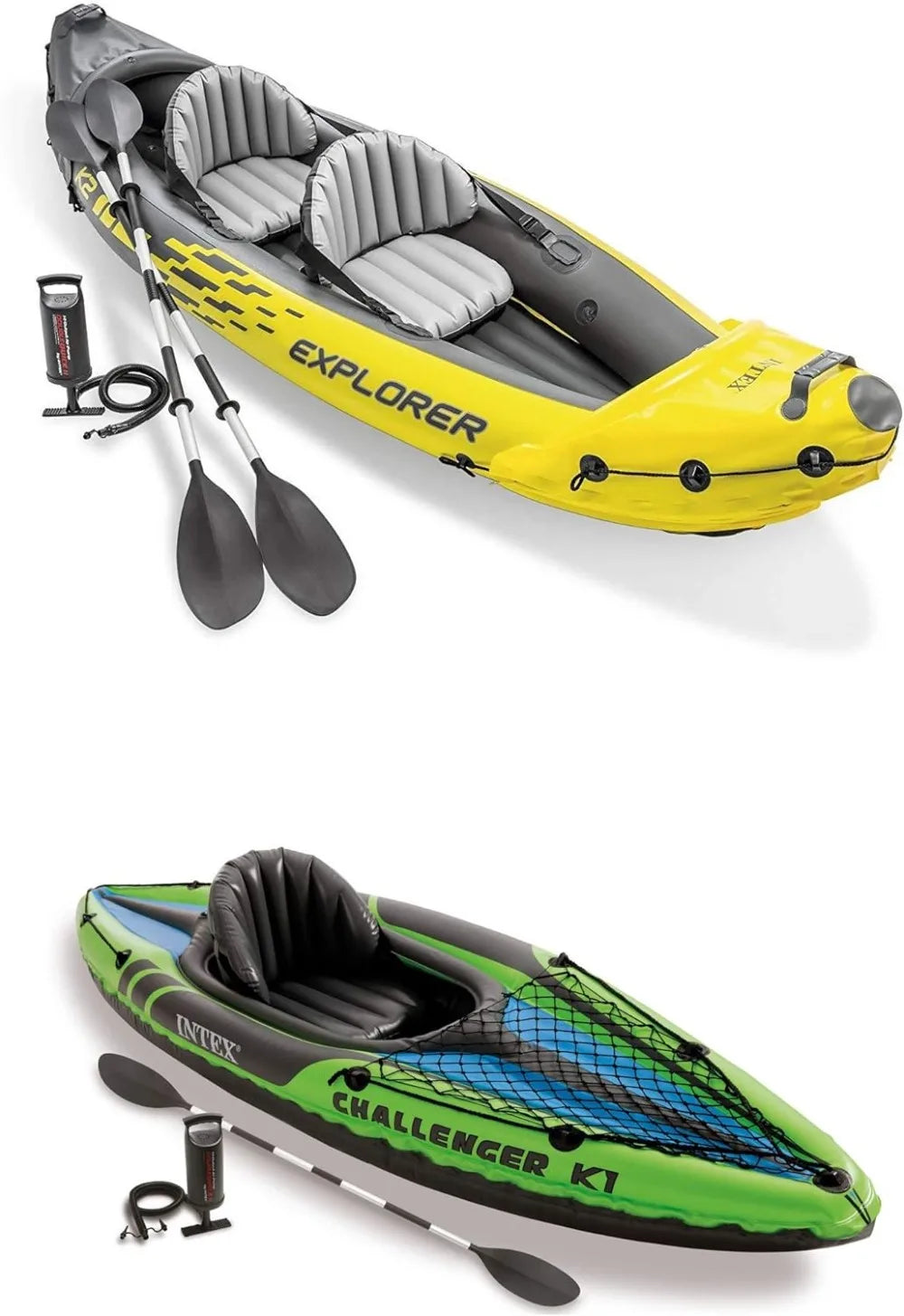 Explorer K2 2-Person Inflatable Kayak with 2 Aluminum Oars and Pump and Challenger K1 1-Person Inflatable Kayak