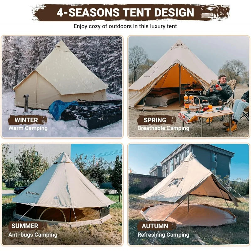 KingCamp Canvas Bell Tent for Camping, 4 Seasons 13.2ft/16.4ft Camping Yurt Tent, w/Stove Jacks, Luxury Glamping Waterproof and