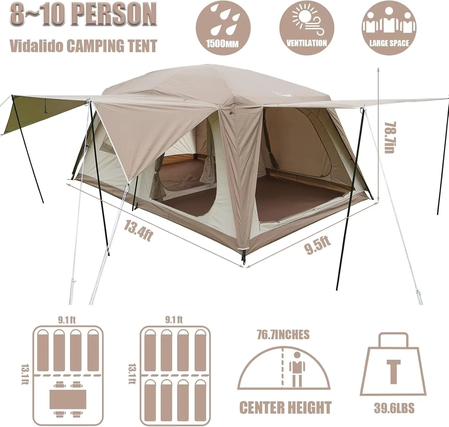 8-10 Person Camping Tent with 3 Door 2 Room Large Family Cabin Tents, Double Layer Waterproof Portable Tent,Big Tents