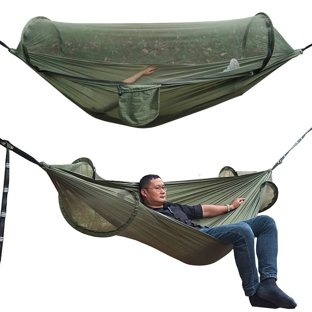 260x140cm Outdoor Double Camping Hammock with Mosquito Net and Rain Fly Tarp Lightweight Parachute Hammocks for Travel Hiking