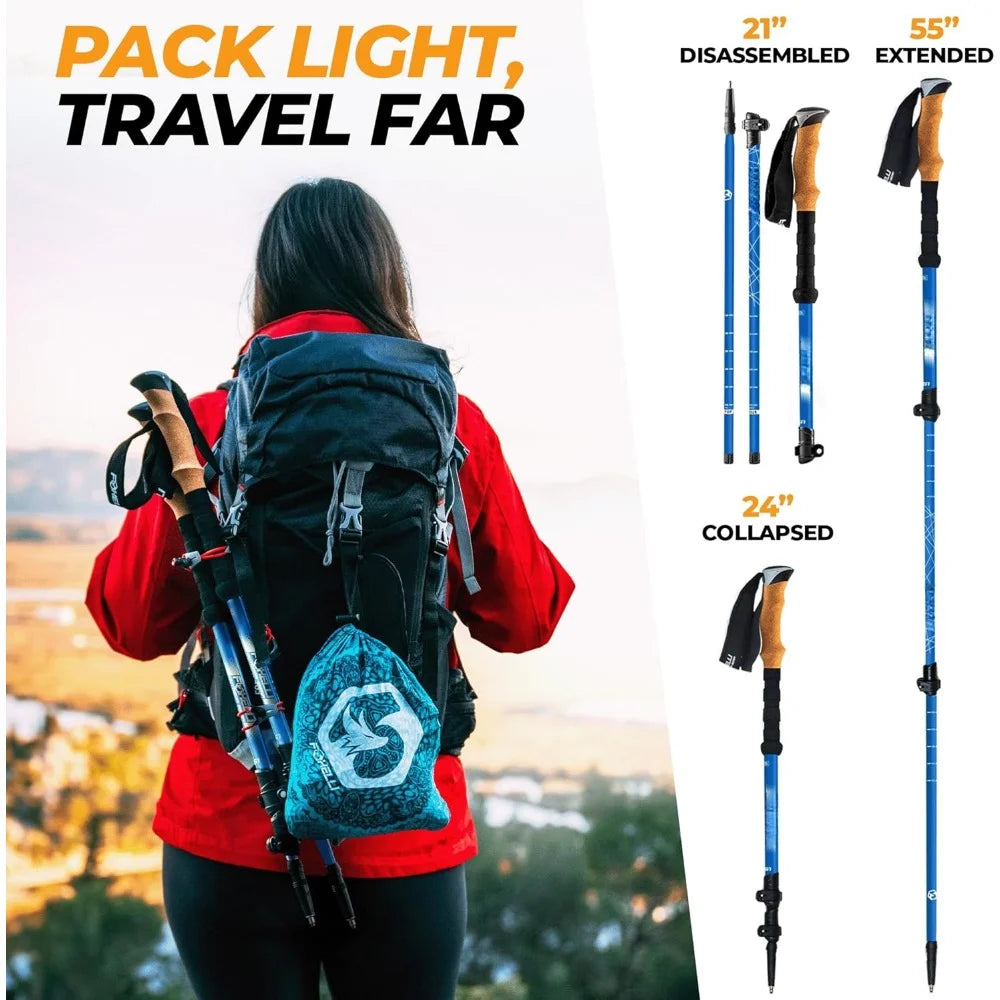 Carbon Fiber Trekking Poles Lightweight Collapsible Hiking, Shock-Absorbent Walking Sticks with Natural Cork Grips, Flip Locks