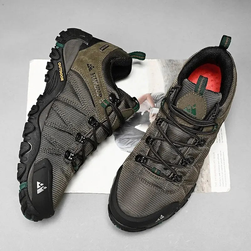 HIKEUP Four-Season Men's Hiking Shoes Outdoor Sports Genuine Leather Wear-Resistant Climbing Shoes Rubber Sole Trekking Sneaker