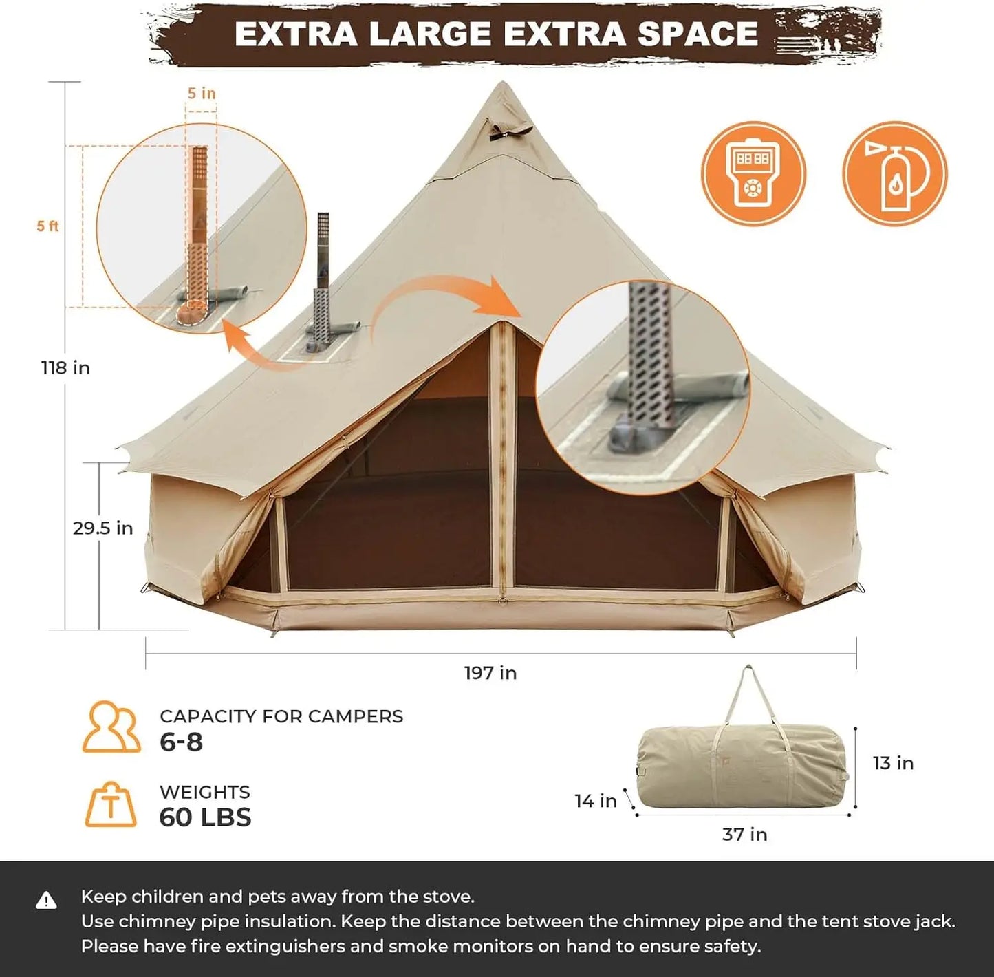 KingCamp Canvas Bell Tent for Camping, 4 Seasons 13.2ft/16.4ft Camping Yurt Tent, w/Stove Jacks, Luxury Glamping Waterproof and