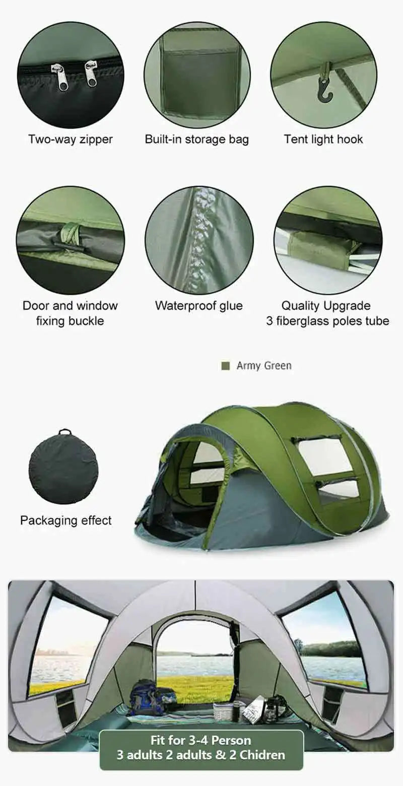 No need to set up fast opening camping tents for throwing tents, fully automatic 3-4 person outdoor camping tents