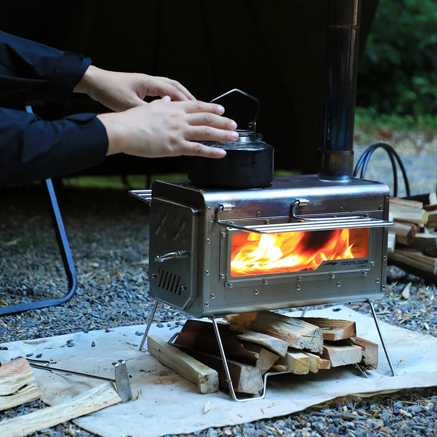 Soomloom Stainless Steel Firewood Stove with Side Shelf Firewood Pellets Dual-purpose Stove for Outdoor Camping Hiking Bushcraft