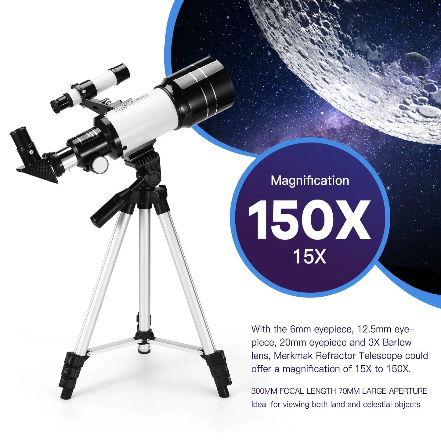 150 Time Professional Astronomical Telescope for Space Monocular HD Eyepiece Powerful Binoculars Night Vision for Star Camping