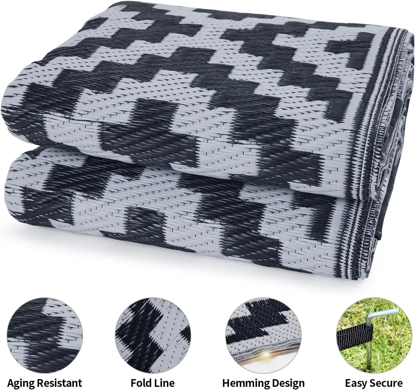 Camping Mats Rugs Reversible Waterproof RV Deck Porch Plastic Rugs Led Illuminated Patio Mat Black-White 9x12 Feet