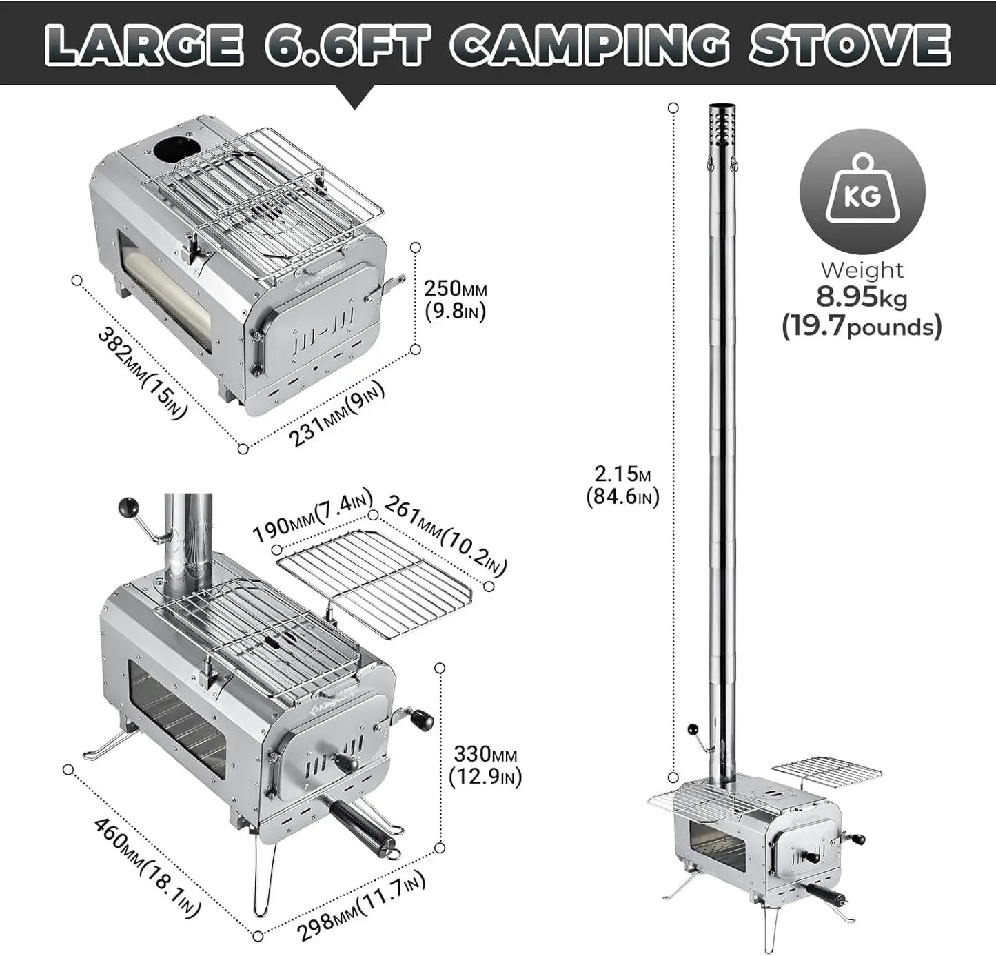 KingCamp Hot Tent Stove, Foldable Camping Stove with Large Firebox,5.6/6.6/7.5ft Winter Camping Stove for Chimney Pipes