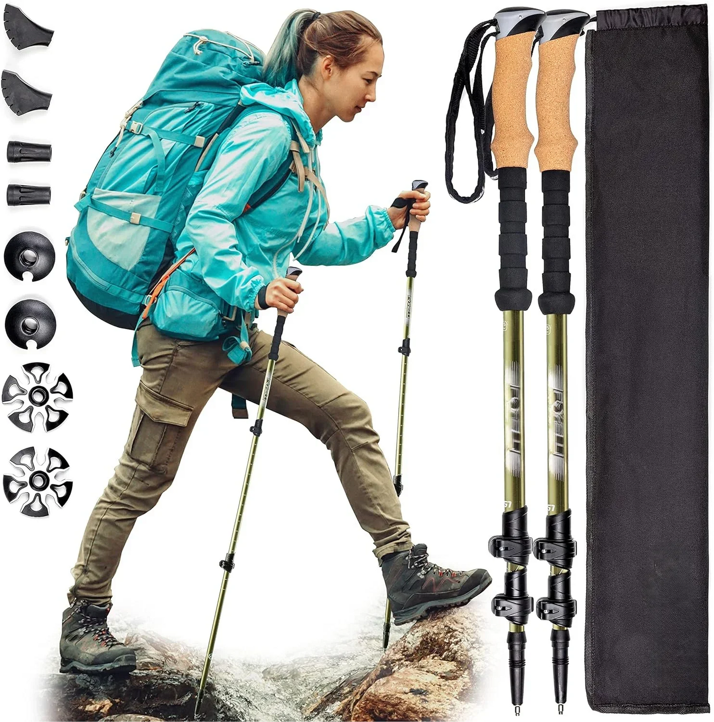 Carbon Fiber Trekking Poles Lightweight Collapsible Hiking, Shock-Absorbent Walking Sticks with Natural Cork Grips, Flip Locks