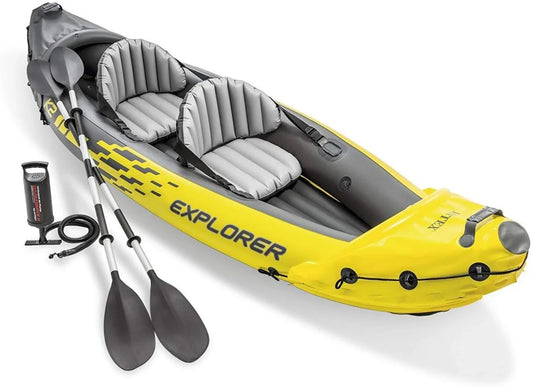 Explorer K2 2-Person Inflatable Kayak with 2 Aluminum Oars and Pump and Challenger K1 1-Person Inflatable Kayak