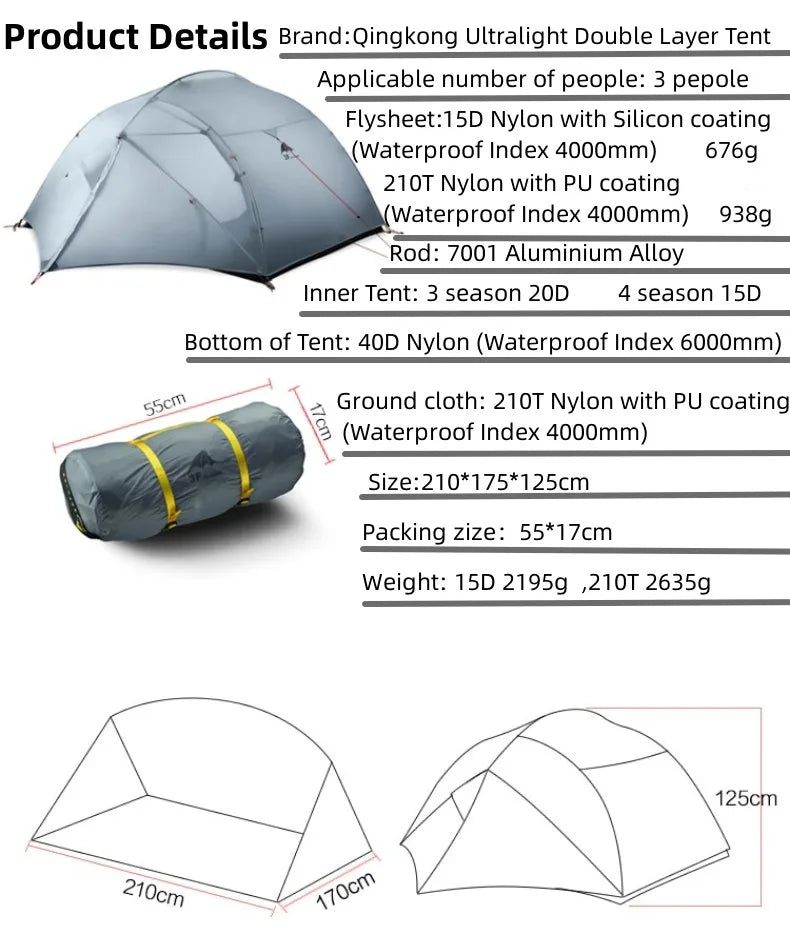 3F UL Gear Qinkong 3P 3-Person 4-Season Camping Tent 15D Silnylon Coating with Matching Ground Sheet Ultralight Outdoor