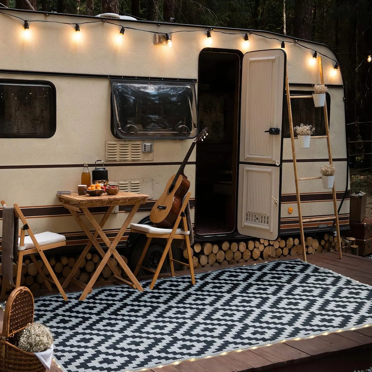 Camping Mats Rugs Reversible Waterproof RV Deck Porch Plastic Rugs Led Illuminated Patio Mat Black-White 9x12 Feet