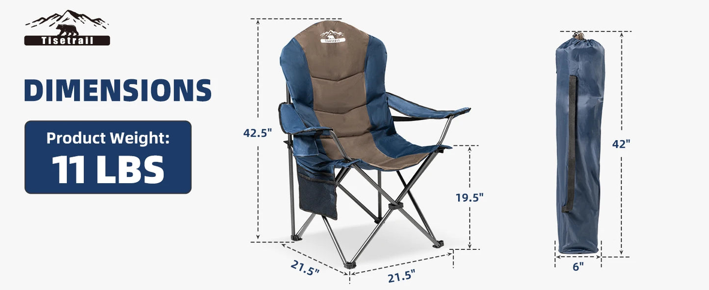 Tisetrail 2 Pack Folding Camping Chairs for Adults High Back Padded Lawn Chairs Portable Outdoor Camp Chair, Blue & Brown