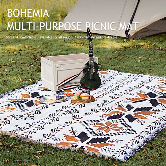 Outdoor Camping Mat with Tassel Retro Ethnic Bohemian Camping Tent Mattress Moisture-proof Polyester Cotton Travel Garden Rug