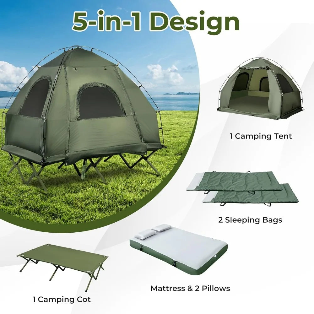 Tent Cot, 5-in-1 Folding Camping Cot with Mattress & Pillows,Camping Tent Elevated with Carrying Bag for Outdoor Hiking, Fishing