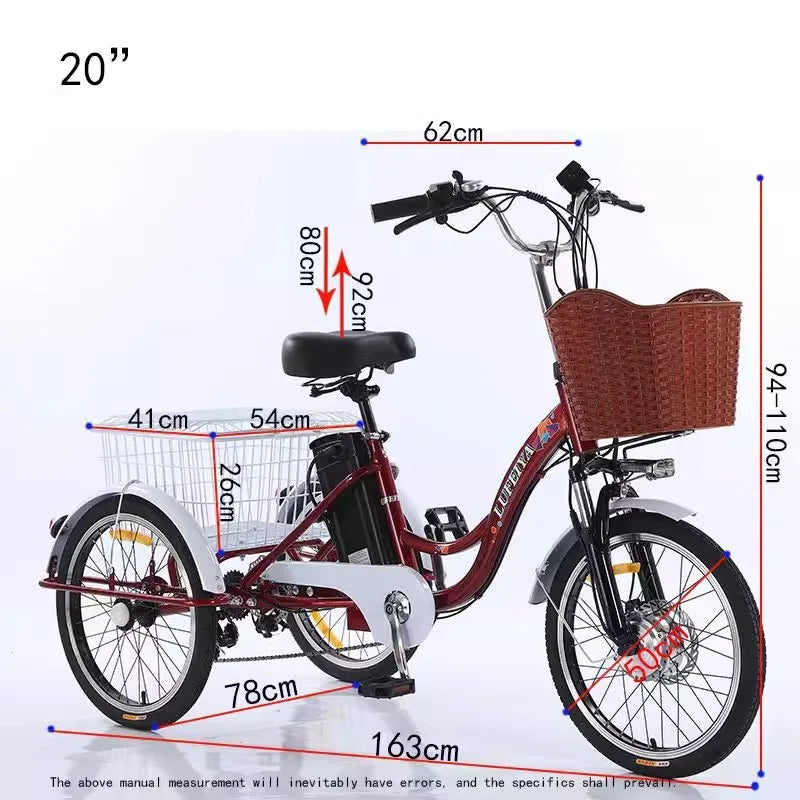 3 Wheel Electric Tricycle for Adult 350W 48V 7 Speed 20 Inch Retro Electric Cargo Bike for Men's Women's with Pull Basket