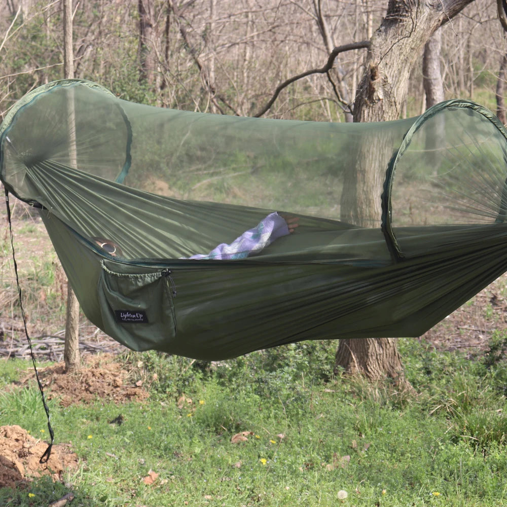 260x140cm Outdoor Double Camping Hammock with Mosquito Net and Rain Fly Tarp Lightweight Parachute Hammocks for Travel Hiking