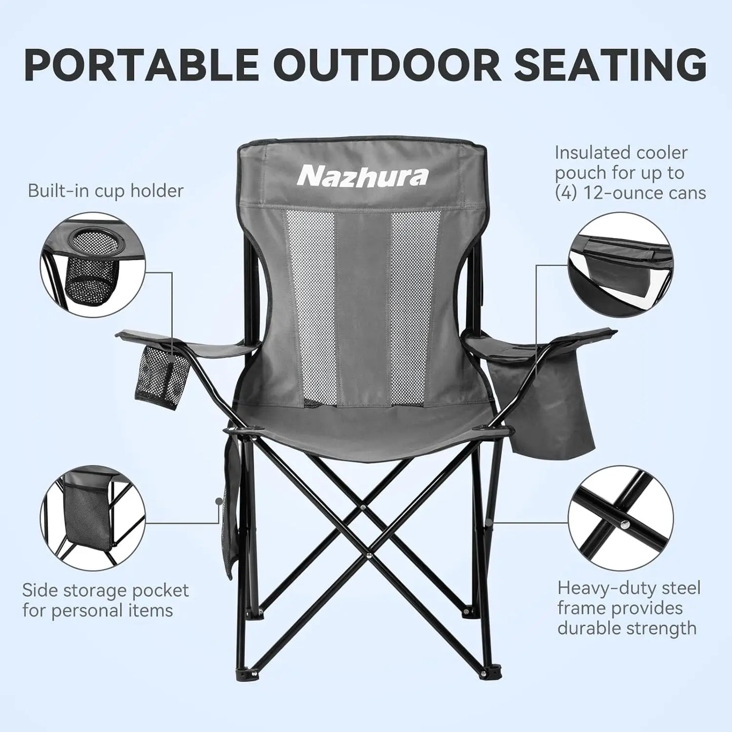 4 Pack Outdoor Camping Chairs Folding//Portable with Cooler Pouch, Mesh Backrest and Cup Holder Pocket(Grey) (Gr