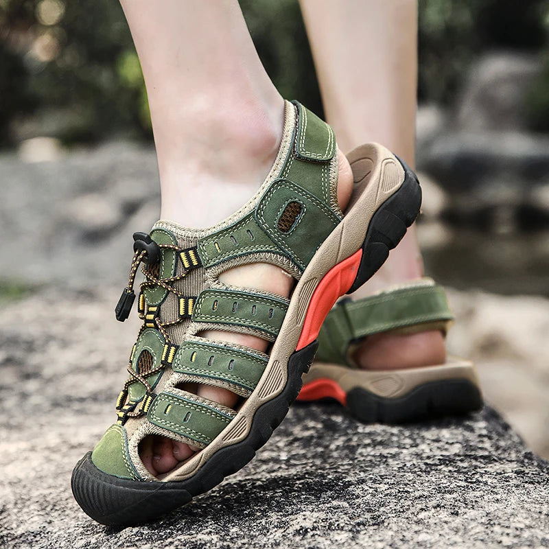 Summer Pu Leather Sandals For Men Rubber Outdoor Men Beach Shoes Anti-Slip Trekking Sandals Weight Light Male Hiking Sandals