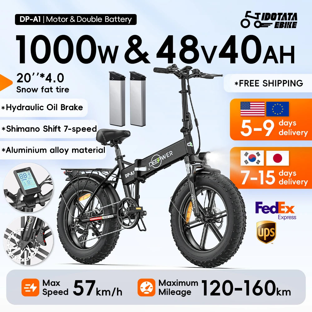 IDOTATA EU Delivery 1000W Electric Bike 48V 20AH Folding Mountain Ebike 20Inch Fat Tire Urban Commuting Electric Bicycle 36MPH