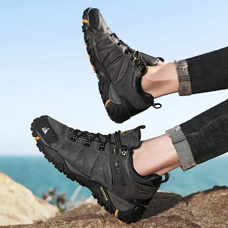 HIKEUP Four-Season Men's Hiking Shoes Outdoor Sports Genuine Leather Wear-Resistant Climbing Shoes Rubber Sole Trekking Sneaker